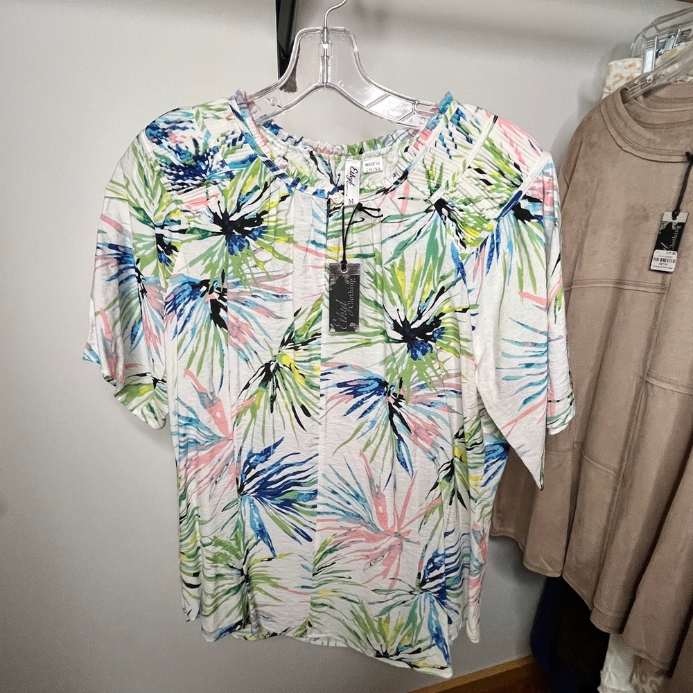 Floral Printed Short Sleeve Top - White/Pink/Blue/Green